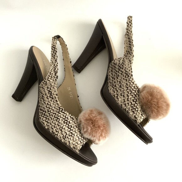 Via Condotti  Tweed Pom Pom Sling-back Peep-toe Sandals Brown 8 - Picture 5 of 11